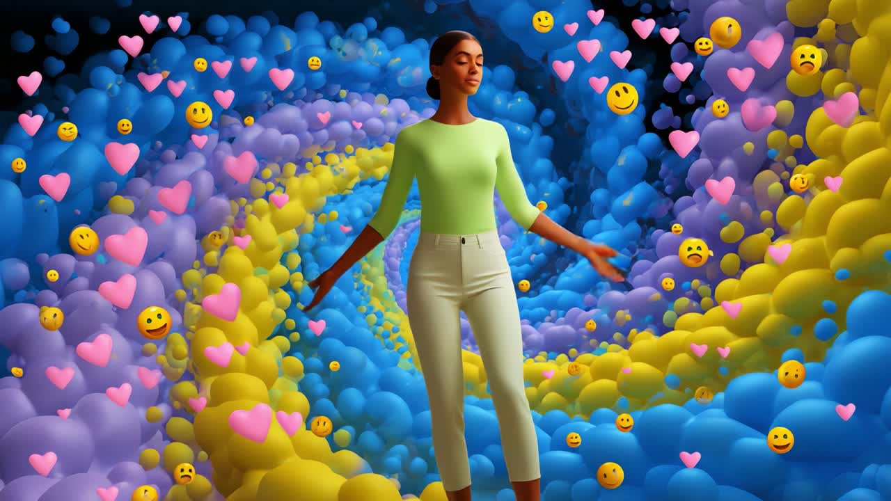 A Journey Through a Whimsical Colorful Spiral of Emotions with a Graceful Woman Embracing Positive Feelings Surrounded by Vibrant Balloons and Animated Expressions of Joy, Love, and Sadness
