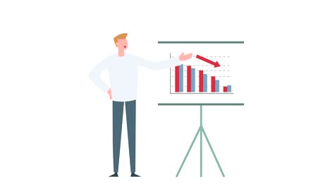 flat cartoon colorful man character animation. male crisis chart graph situation