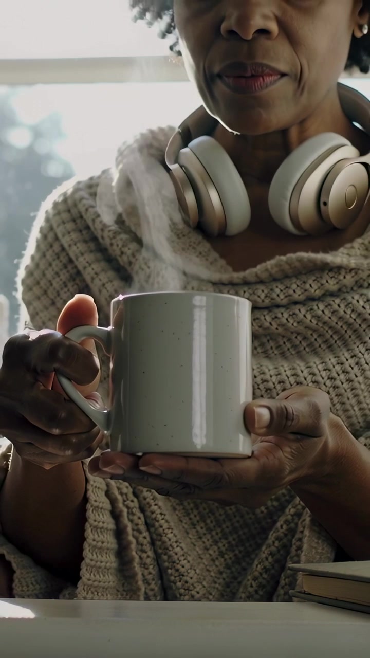 Vídeo vertical: Inalando vapor, mulher idosa segurando uma caneca perto da janela, usando suéter e fones de ouvido