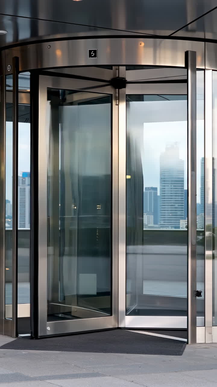 Modern Revolving Door Entrance with City Skyline Reflection