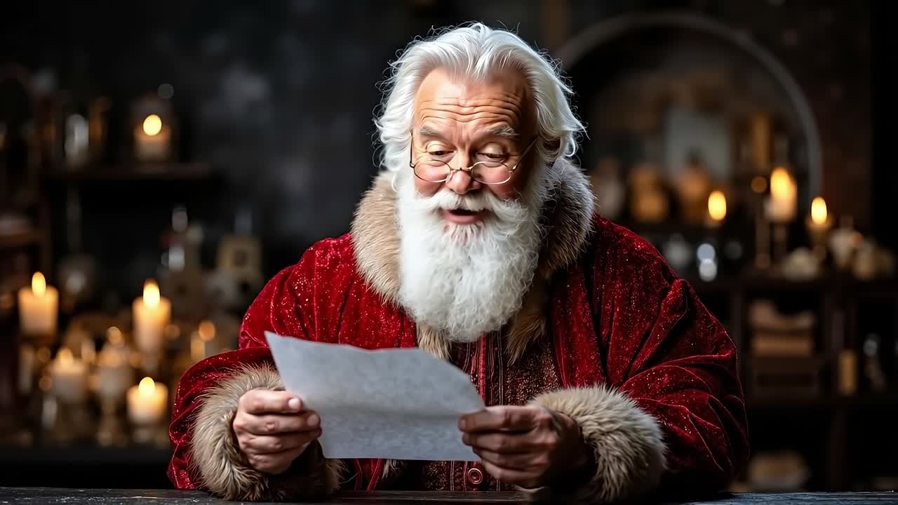 A man dressed as Santa Claus holding a piece of paper in his hands
