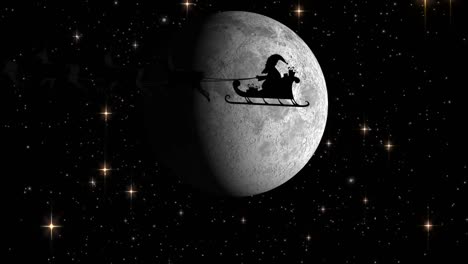 Animation-of-santa-claus-in-sleigh-with-reindeer-over-moon-and-snow-falling