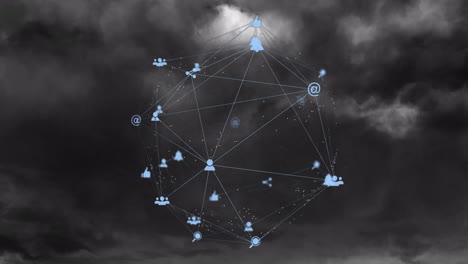 animation of network of connections with icons over storm