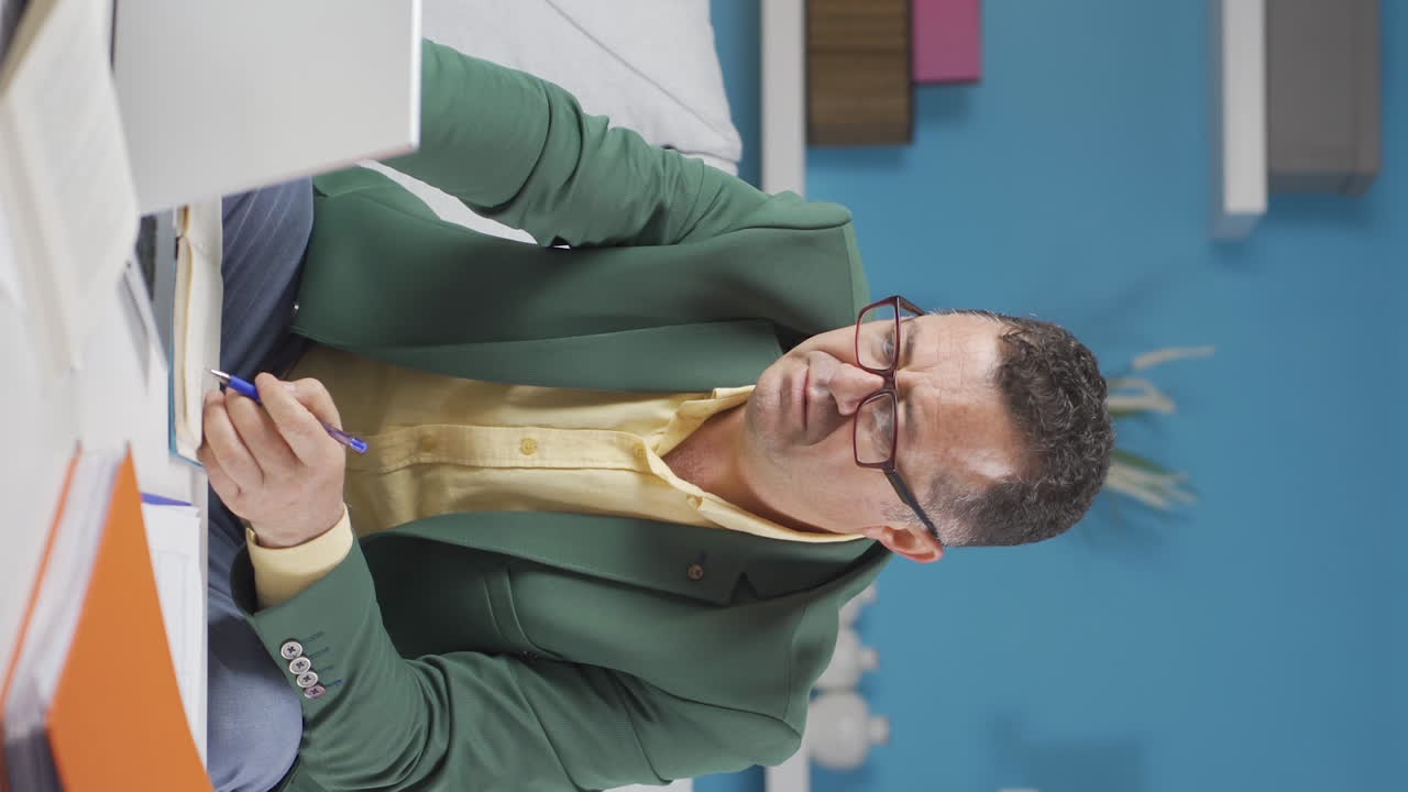 video vertical de un anciano trabajador de la oficina en casa haciendo investigación.