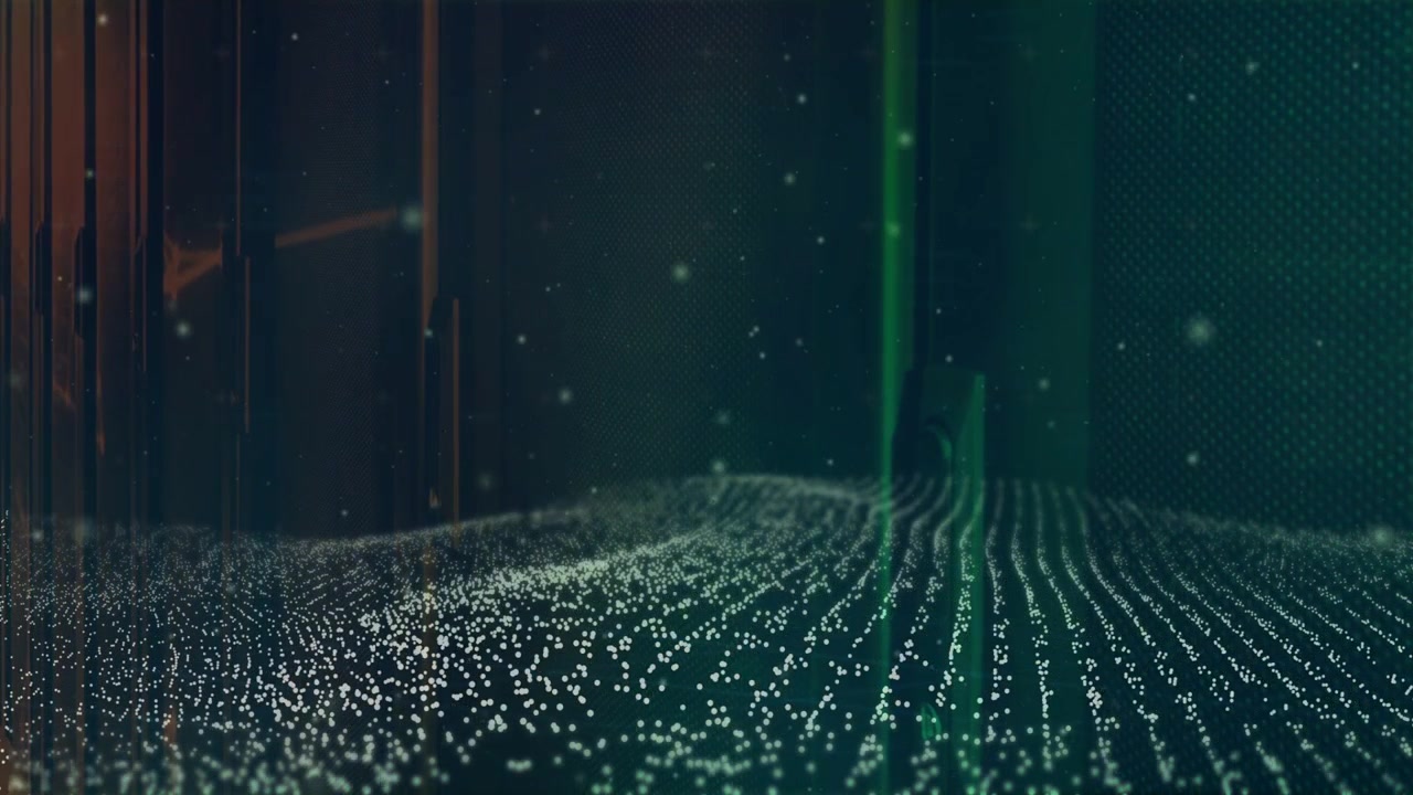 Campo di particelle che reagisce all'apparizione di un raggio verde, generando onde viaggianti e visualizzando dati.