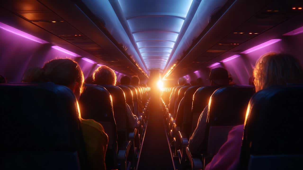 Inside a Dimly Lit Airplane Cabin at Dawn: A Serene Perspective of Passengers Watching the Radiant Sunrise Filtering Through the Cabin Window in a Calm and Peaceful Atmosphere