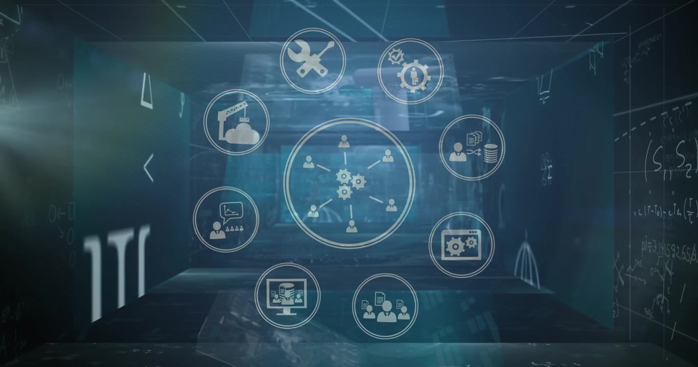 Animation of network of connections with icons over moving screens