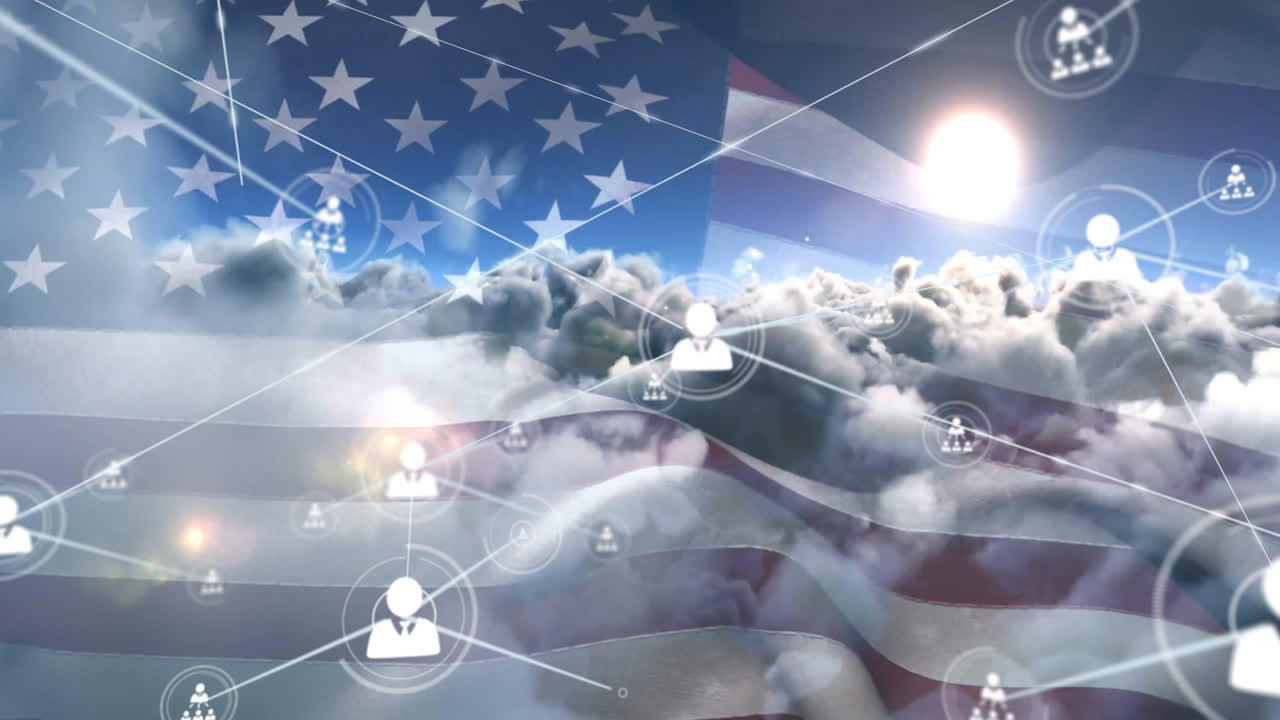 American flag with network of connections animation over clouds in background