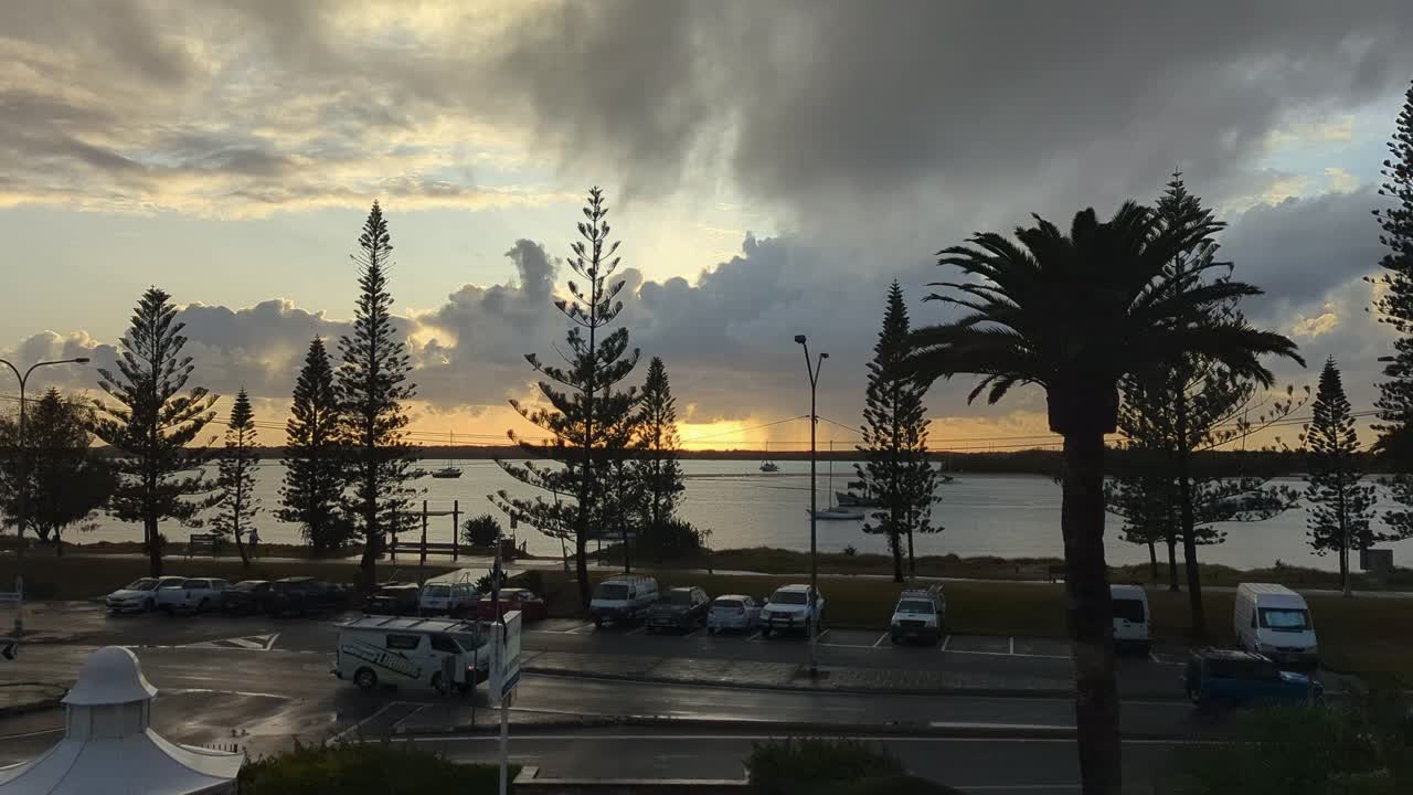 Sunrise on a rainy winters morning overlooking the Esplanade and beach.
