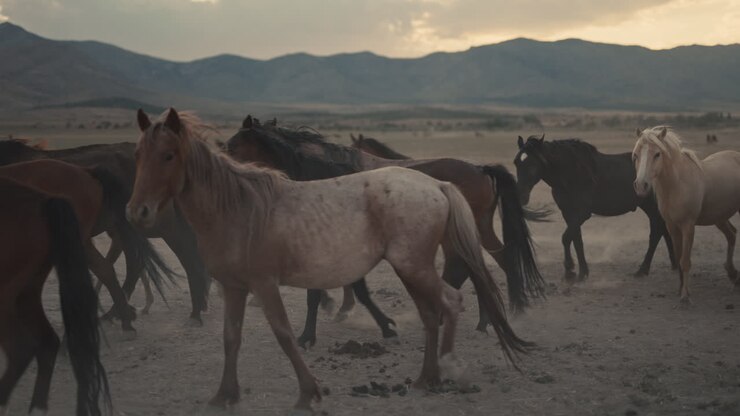 Wild Horses in a Mountain Meadow at Sunset
