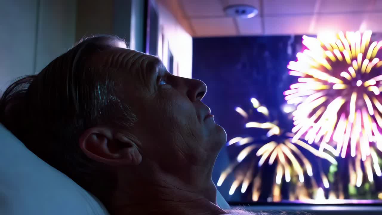 hombre de edad avanzada en la habitación del hospital mirando fuegos artificiales