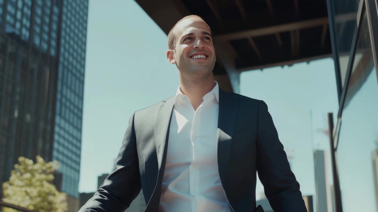 Joven empresario sonriente mirando hacia arriba en un entorno urbano moderno