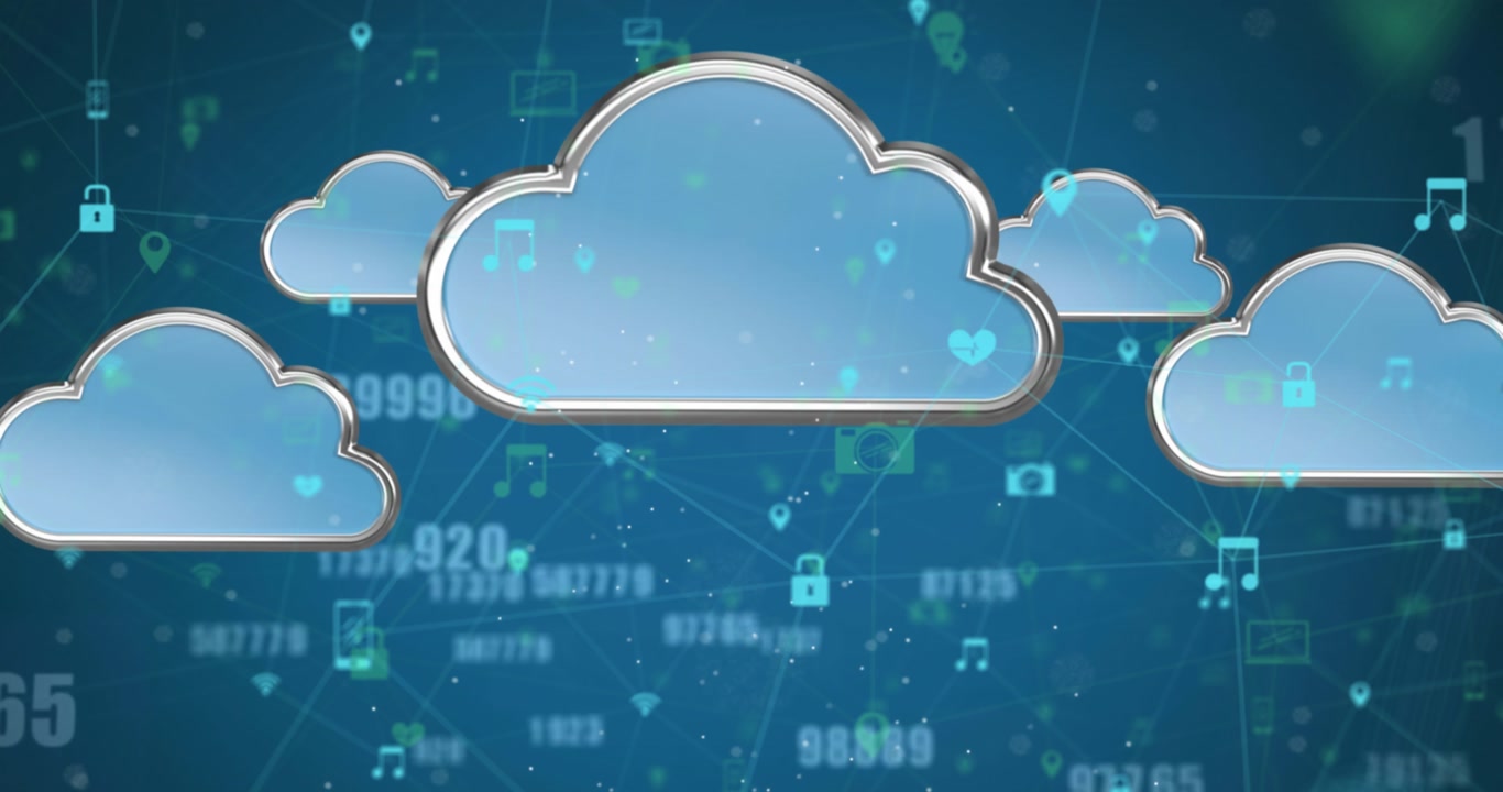 Animation of clouds, network of connections with icons and numbers