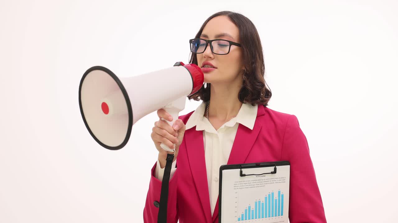 Businesswoman with megaphone and analytics charts