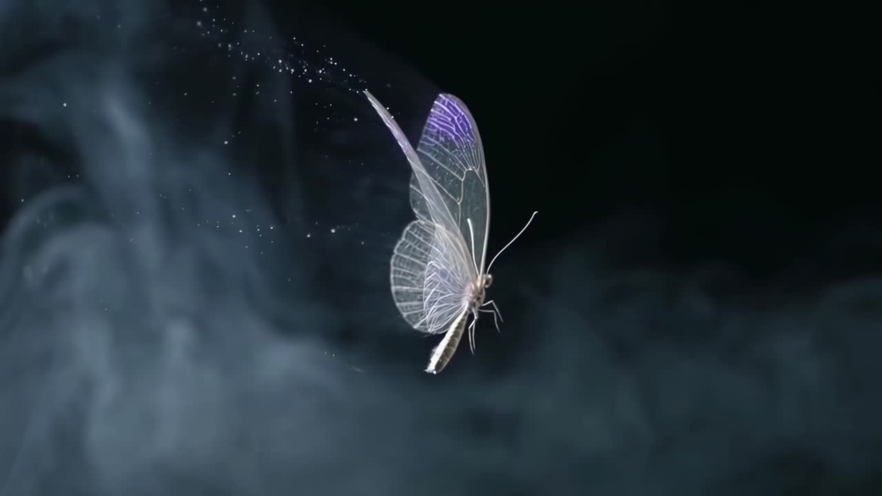 Video ravvicinato di una farfalla in volo, avvolta nella nebbia, ripresa da un'angolazione laterale