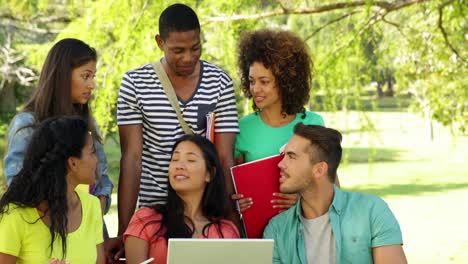attractive students chatting together outside on campus