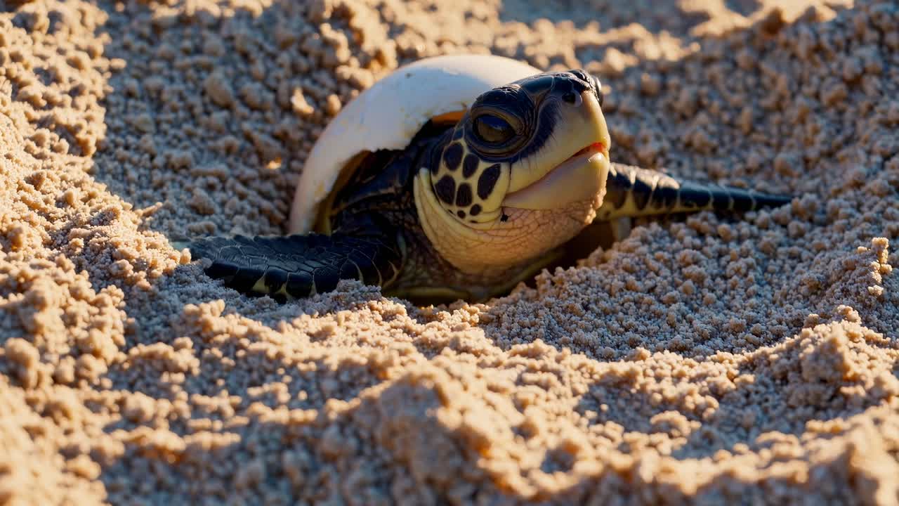 Close-up video of a baby turtle hatching from its shell on sandy beach