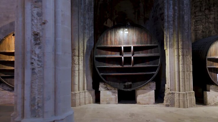 Carrellata aerea lungo grandi botti di vino conservate all'interno di un'abbazia francese