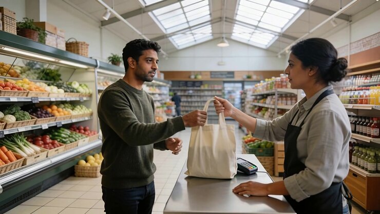 Handing tote bag finishing shopping, man in green sweater checkout while cashier tapping terminal