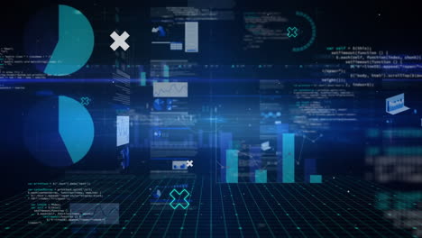animación del procesamiento de datos y diagramas sobre fondo negro