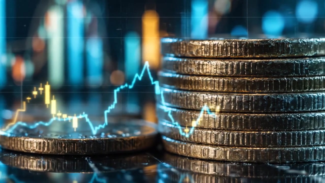 Pile di monete accanto a un grafico finanziario a linee in aumento su uno sfondo di mercato blu scuro.