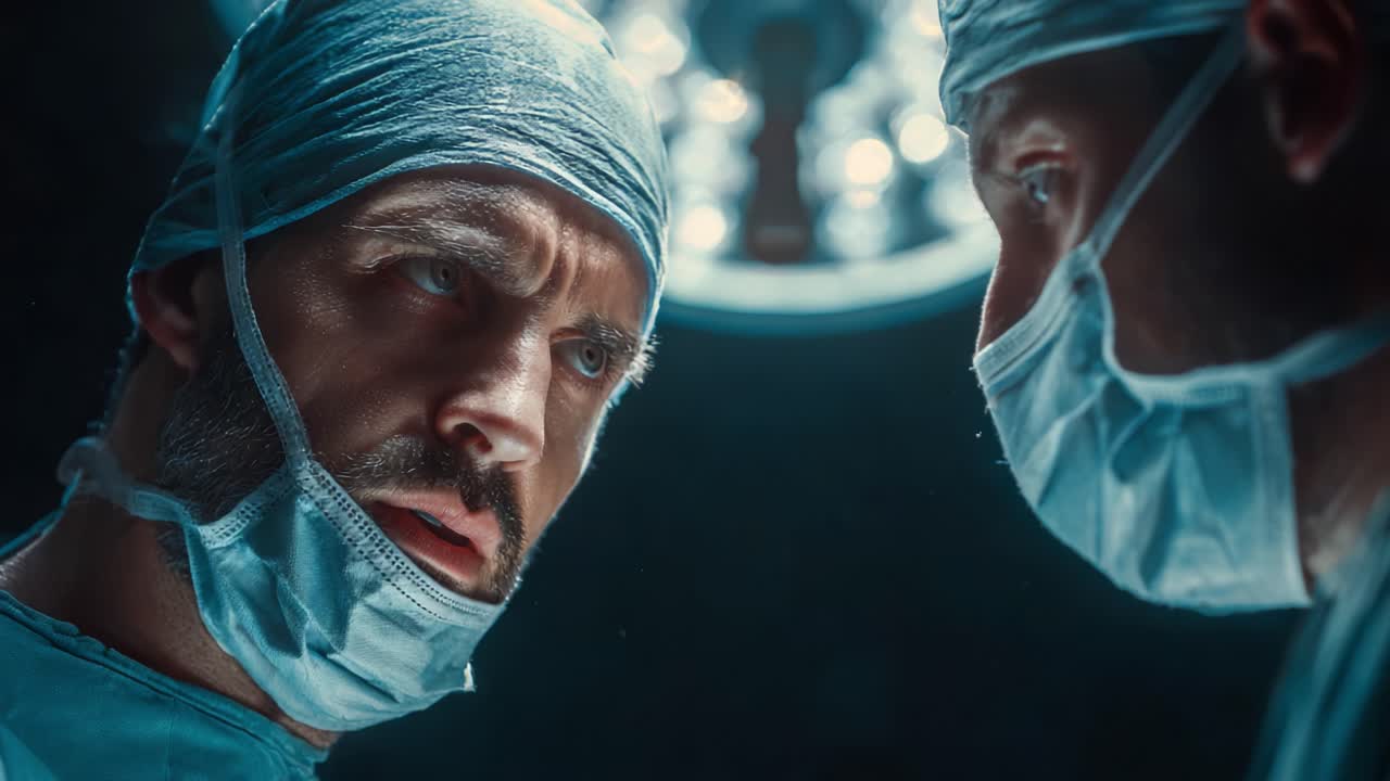 Intense Surgical Focus: Two Surgeons Engaged in Critical Decision-Making Under Bright Operating Room Lights Amidst a High-Stakes Medical Procedure