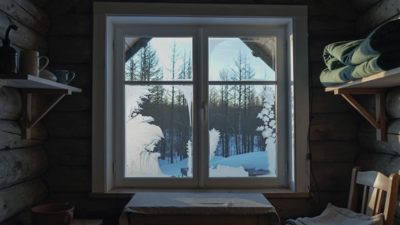 Indrammer et termovindue, der viser frost sprede sig på glasset, mens kold luft afkøler hytten, elkedel.