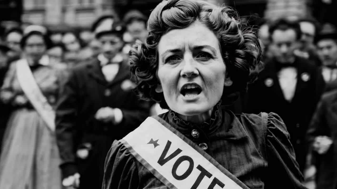 Black and white video still of a suffragette protest