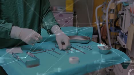 Animation-of-network-of-connections-over-mid-section-of-surgeon-checking-medical-equipment