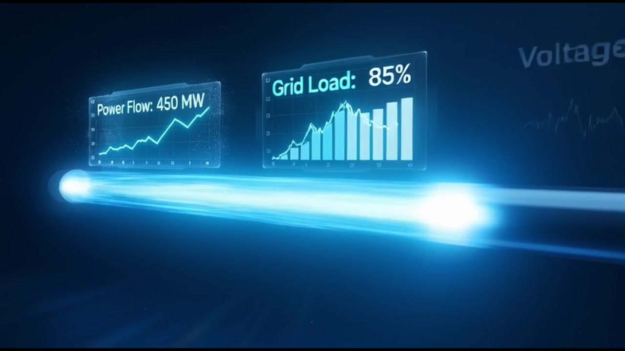 Blue Energy Flowing Through Tube with Holographic Data Displays