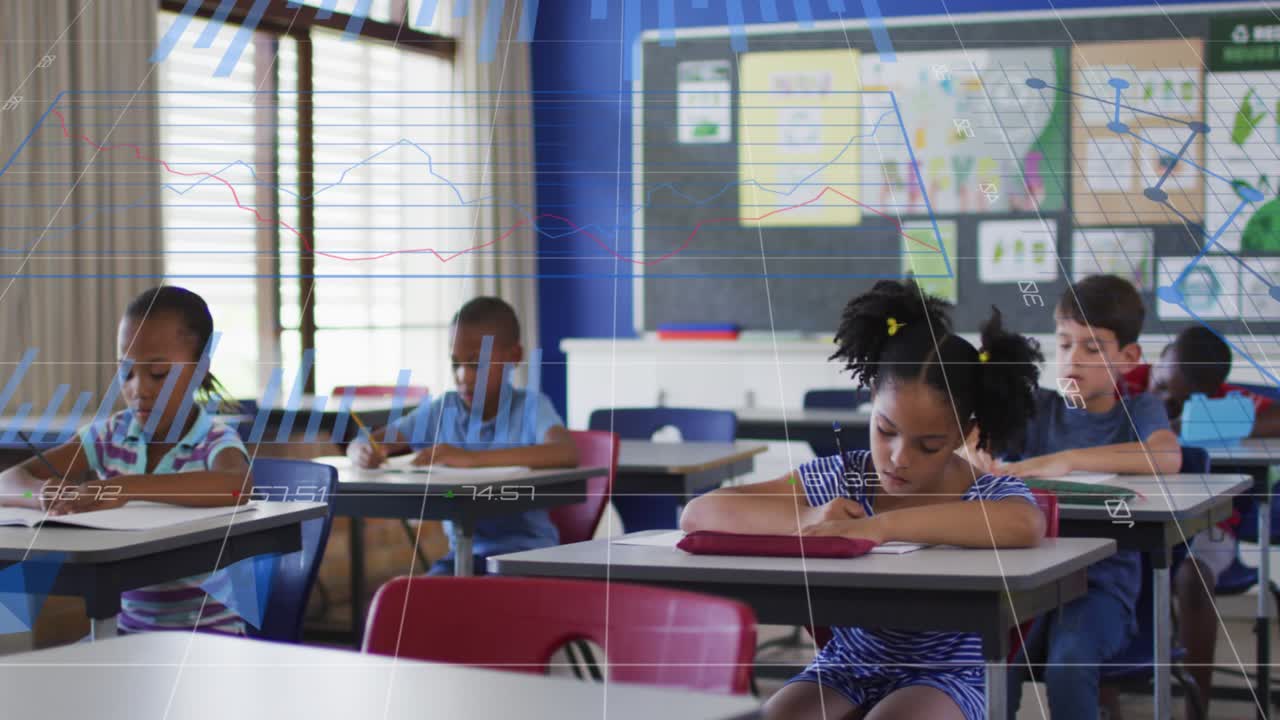 Statistical data processing against group of diverse students studying in a class at school
