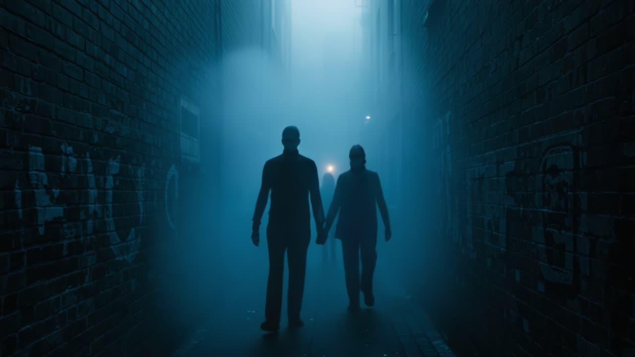 In a Mysterious Alley: Figures Navigating Through Fog and Shadows with Hand in Hand, Creating an Intriguing Atmosphere of Mystery and Discovery