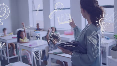 animación de iconos de artículos escolares sobre diversos escolares aprendiendo con una maestra