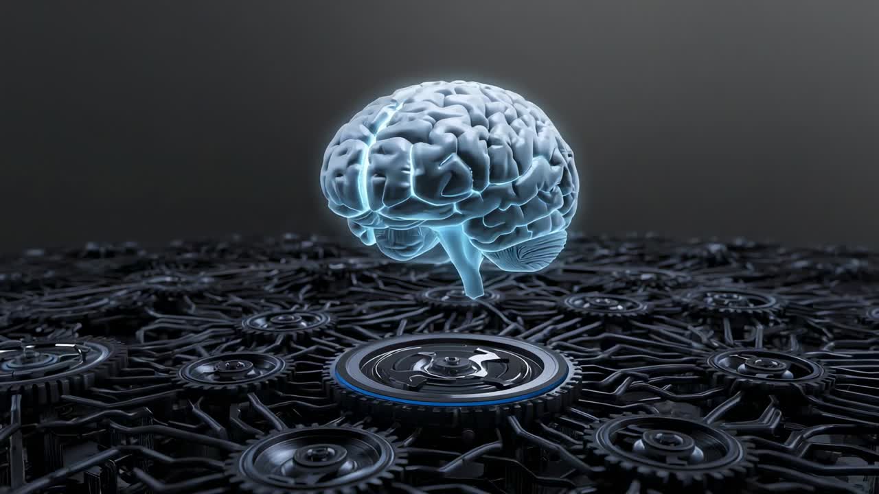 Spinning disc initiating holographic brain rotating above tech plane with blue glow, tracing cortex