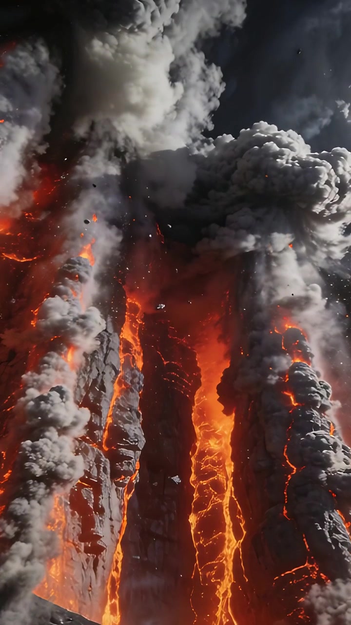 Video verticale: Pressione in aumento, cratere che erutta lava e cenere al bordo mostrando fessure incandescenti