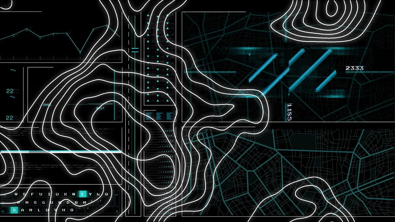 Animation of data processing and networks of connections over grind