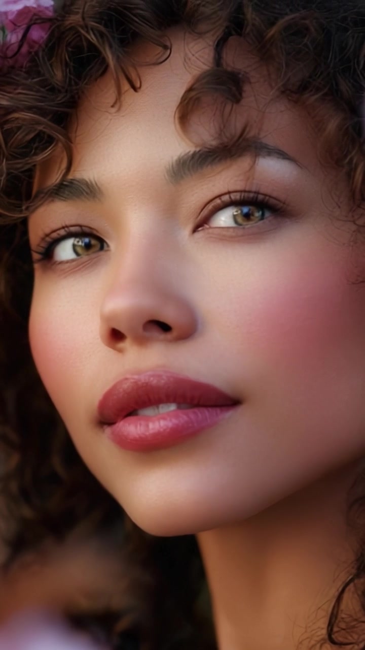 Ritratto accattivante di una giovane donna con capelli ricci e lineamenti bellissimi, circondata da fiori, che mette in mostra la bellezza naturale e le espressioni eloquenti.