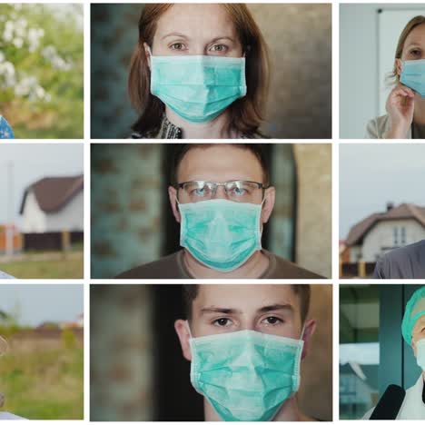 multipantalla con retratos de personas con máscaras protectoras collage de coronavirus