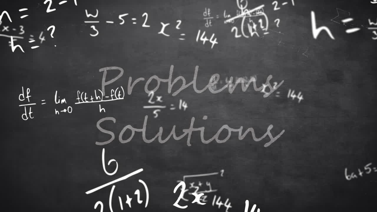 Animazione di soluzioni a problemi ed elaborazione dati matematici su sfondo nero