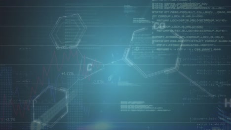 Animation-Von-Binärcodes,-Molekülstrukturen-über-Computersprache-Vor-Blauem-Hintergrund