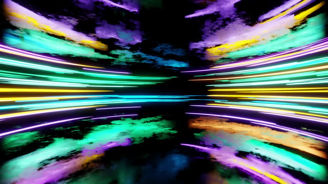 Light stripes moving fast over dark background and are reflected in the floor