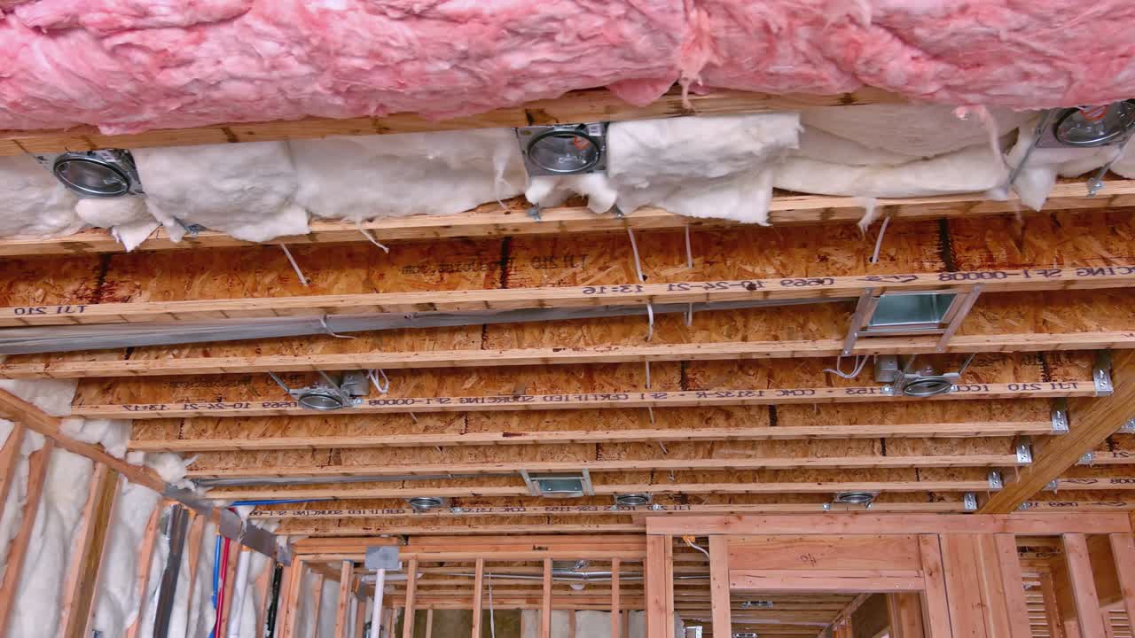 Thermal insulation fiberglass material in new house wooden walls