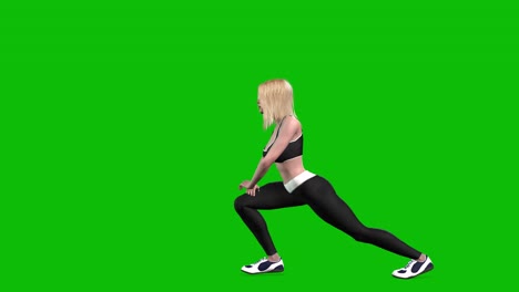 3D-female-athlete-wearing-sports-outfit,-tight-fit-black-sportswear,-performing-squad-stretches-on-green-screen,-3D-loop-animation,-side-view