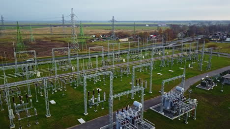 aerial view around a electricity grid at electric power station, cloudy day