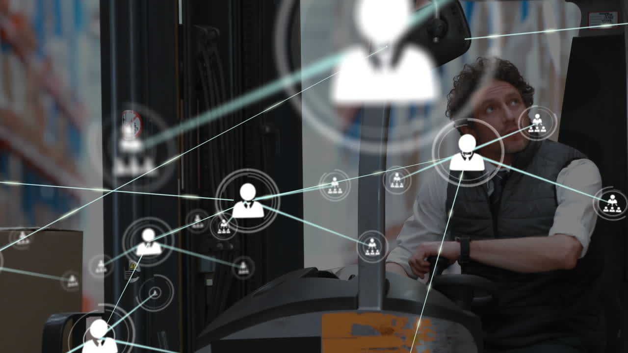 animación de la red de conexiones con iconos sobre el hombre que trabaja en el almacén