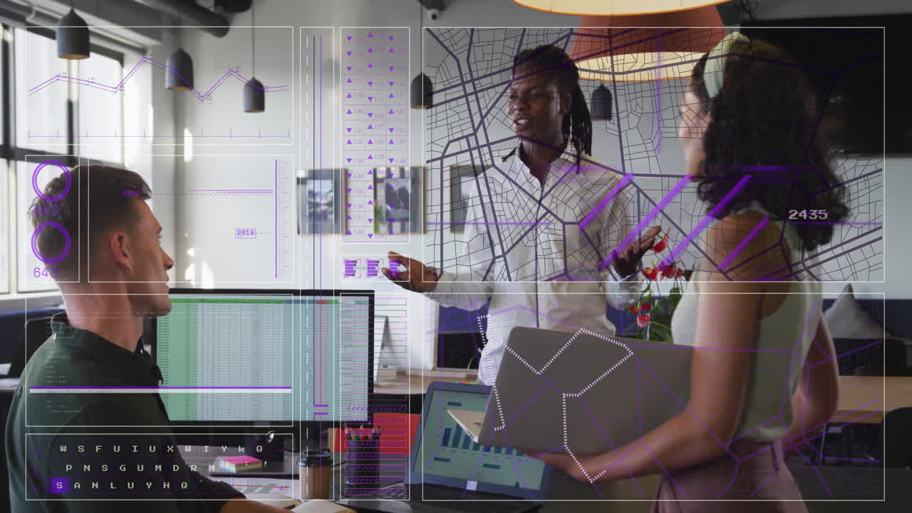 Business meeting in office with data visualization and network mapping animation
