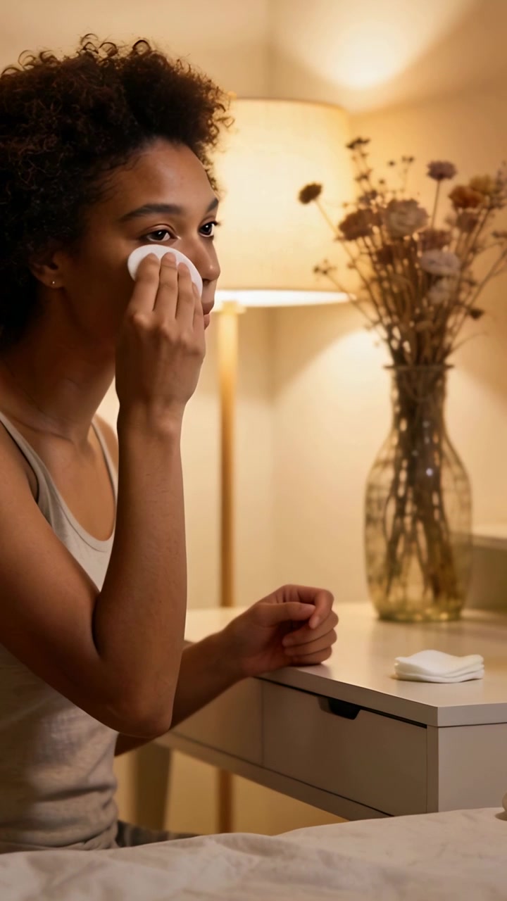Vertical video: Reaching woman in cami cleansing face with cotton pad at bedside, lamp, copy space