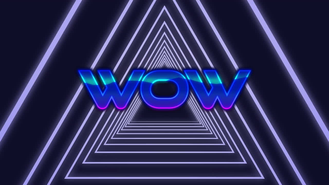 빛나는 삼각형의 터널 위에 와우 파란 텍스트의 애니메이션