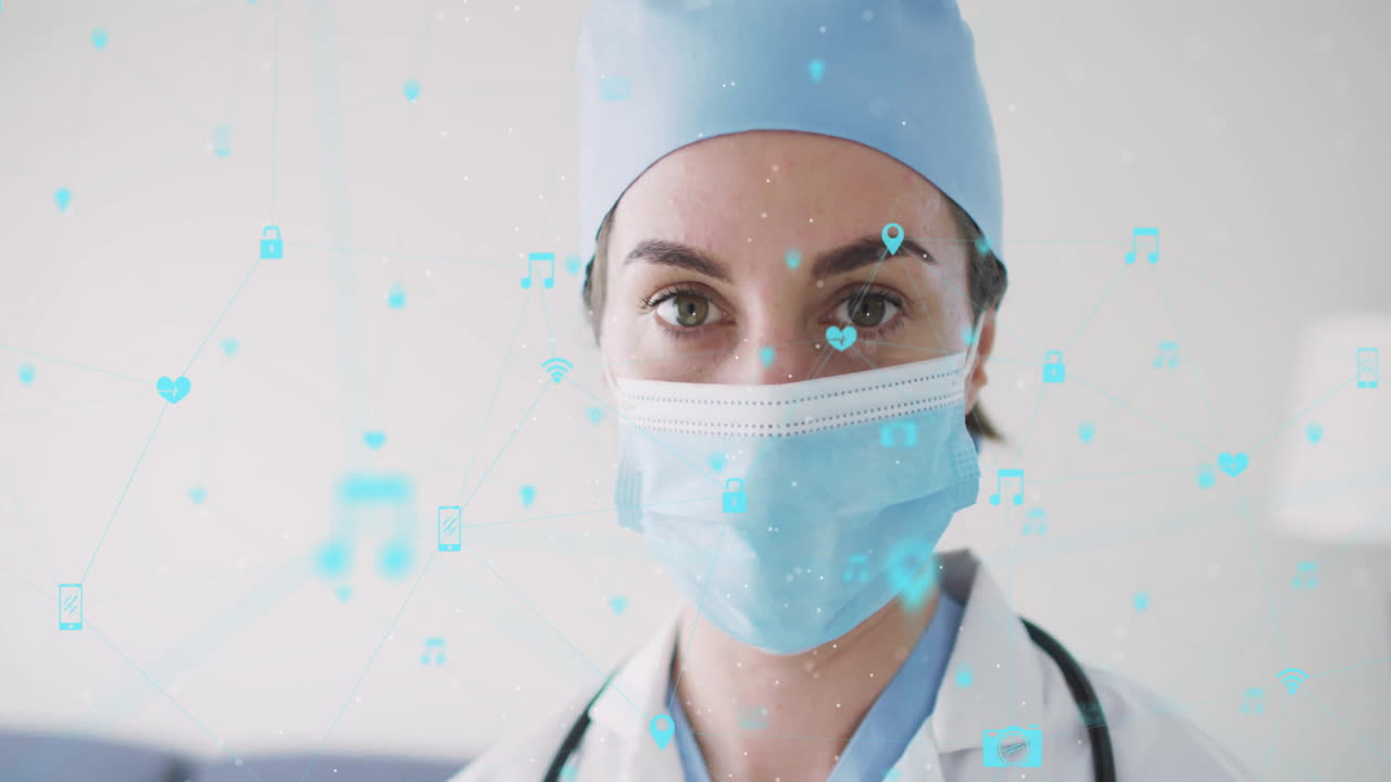Animación de profesional médico con mascarilla y iconos de salud y tecnología superpuestos