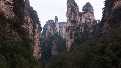 a mesmerizing drone view of zhangjiajie's majestic rock pillars rising sharply amidst lush vegetation, illustrating the awe-inspiring natural formations of this iconic landscape in china